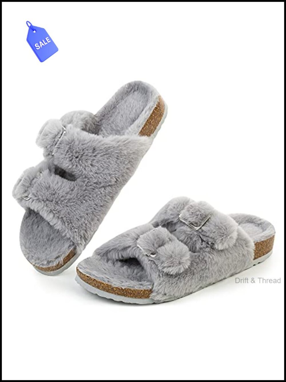 Faux Fur Cork Slide Slippers Open Toe Double Strap Sandals
